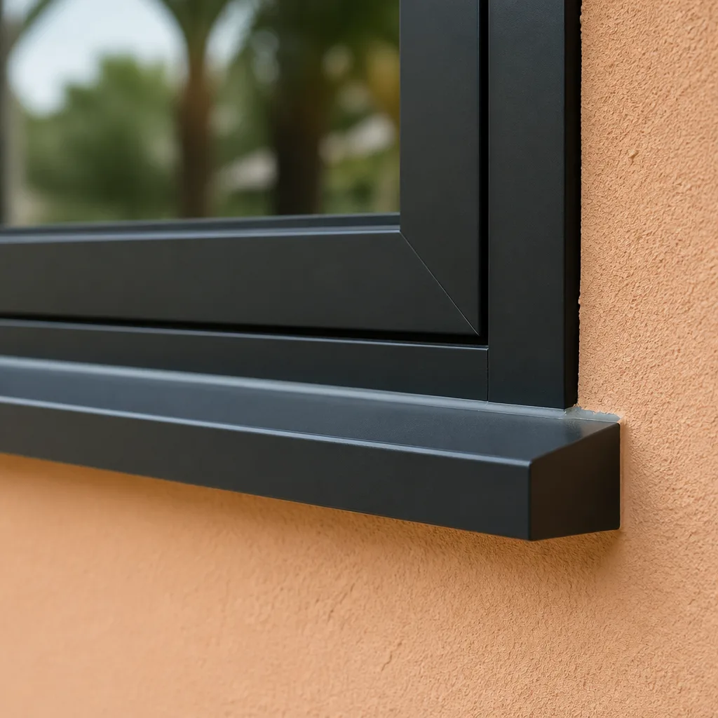 Professional window replacement showing a modern black frame against stucco wall