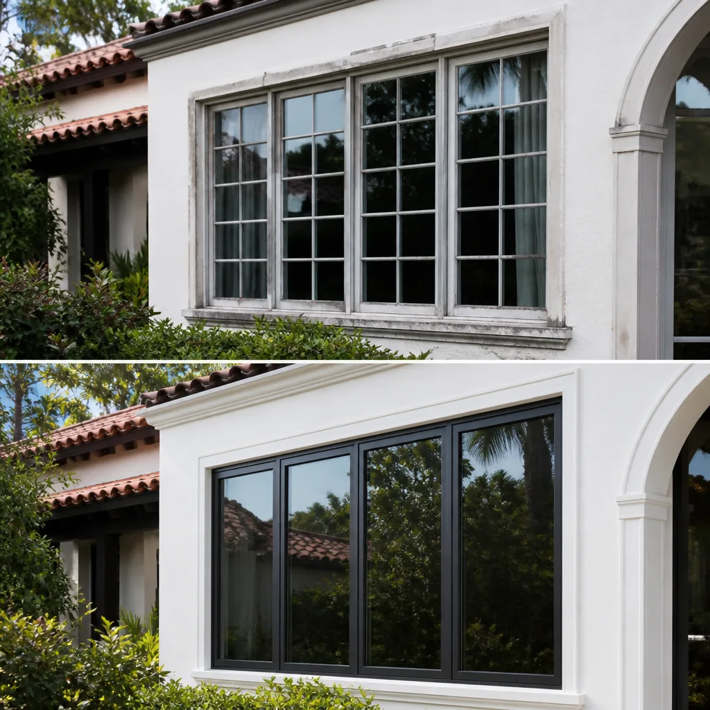 Modern window replacement showcasing before and after installation of black-framed windows