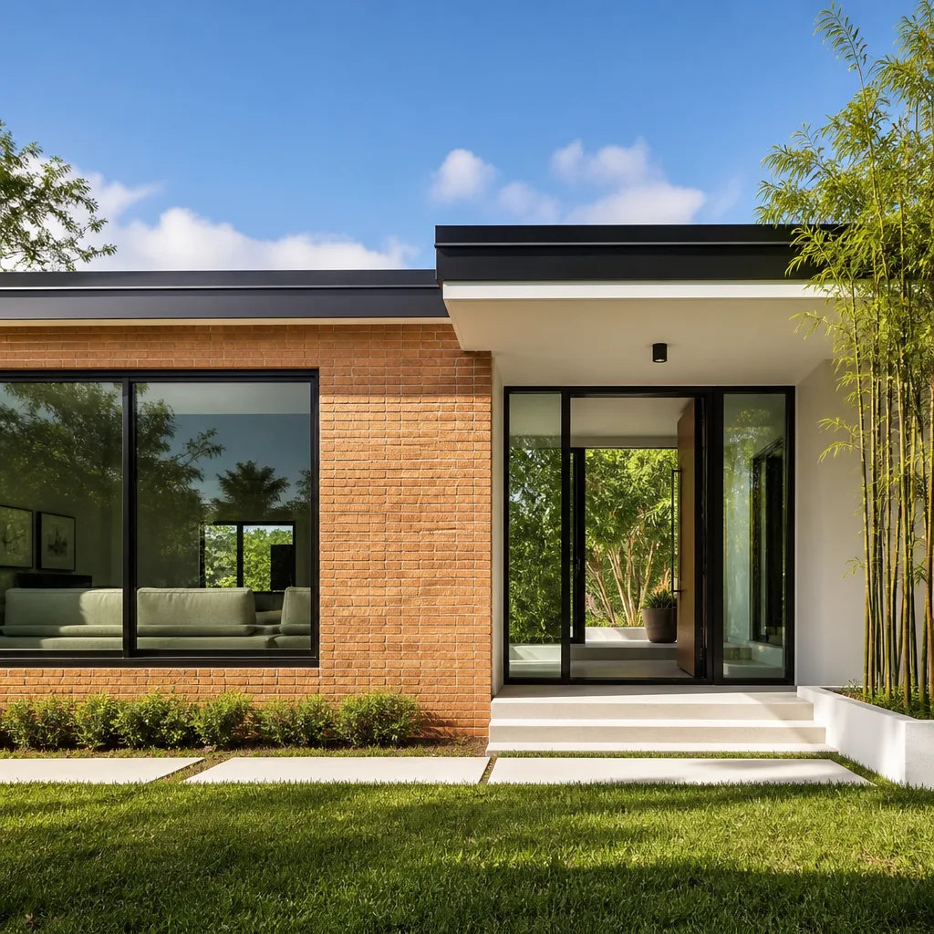 Modern residential house with large black frame replacement windows and entry door